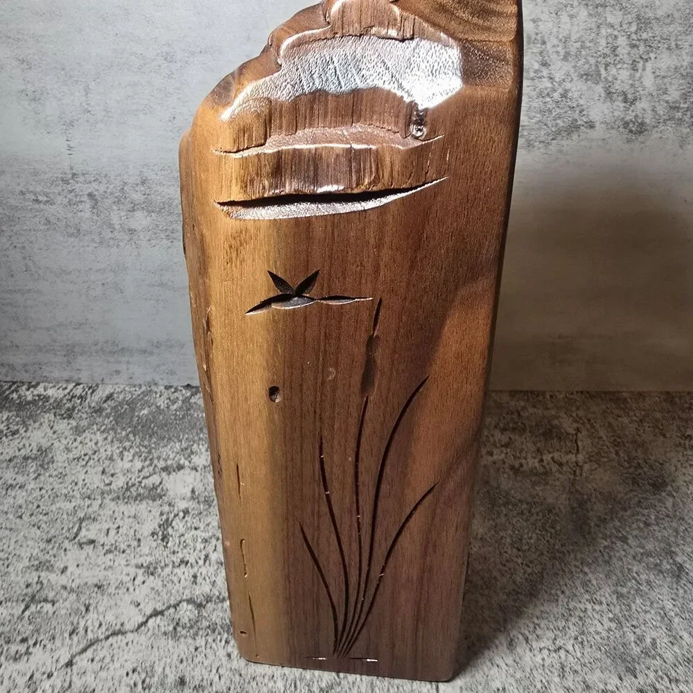 VTG MCM Walnut Rustic Wood Burl Bud Vase Handcrafted Turned Bird & Cattails